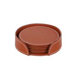 Coasters i lder 6 stk - cognac med hvide syninger