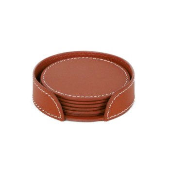 Coasters i lder 6 stk - cognac med hvide syninger