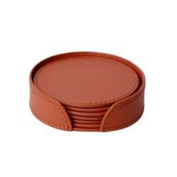 Coasters i lder 6 stk - cognac med cognac syninger