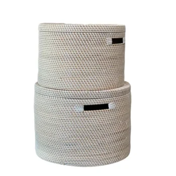 Rund kurv med l�g i bambus - hvid