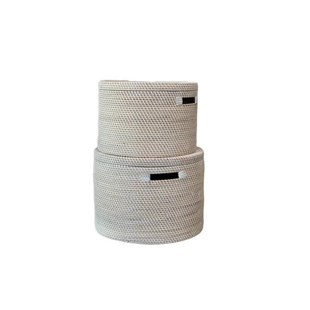 Rund kurv med l�g i bambus - hvid