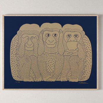 Monika Petersen art print 50x39,5 cm - 3 Monkeys gold/indigo