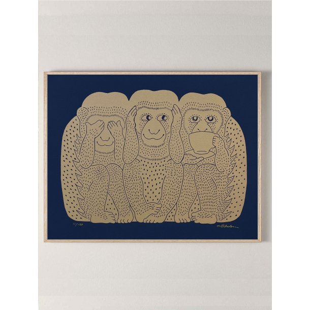 Monika Petersen art print 50x39,5 cm - 3 Monkeys gold/indigo