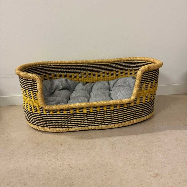 Hundekurv i naturflet med pude str small - natur/sort/gul