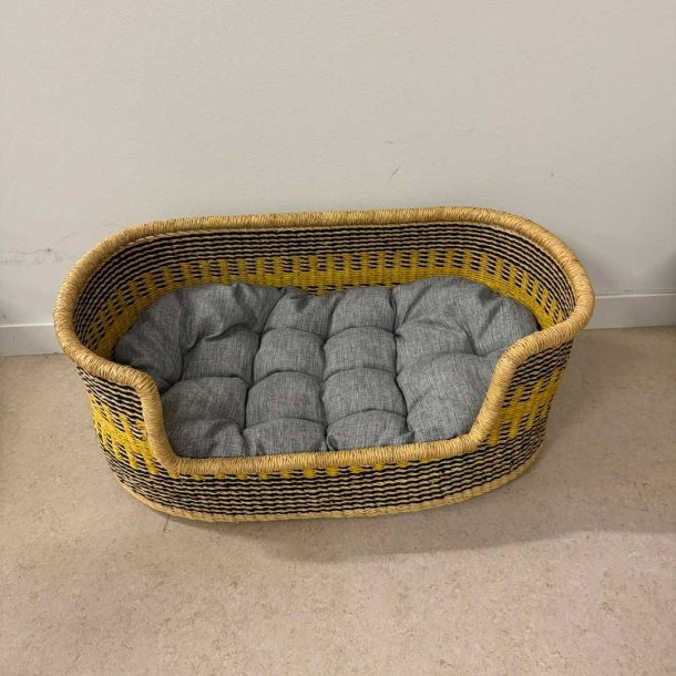 Hundekurv i naturflet med pude str small - natur/sort/gul